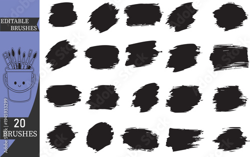 Set of 20 black paint brush strokes vector, editable ink smudge and grunge texture elements for graphic design, artistic charcoal smear and hand drawn acrylic blot collection