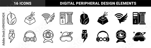Hybrid computer peripheral icons merging technology with nature and philosophy featuring mouse leaf keyboard fiber optic and wireless bird