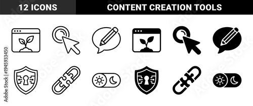 Hybrid Digital Experience and Content Creation Icons featuring Organic Web Growth Cursor Navigation Security Shield and Night Mode Toggle