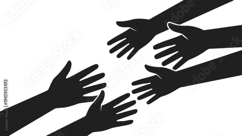 Multiple black silhouette hands reaching out towards each other in a gesture of connection support and unity against a stark white background