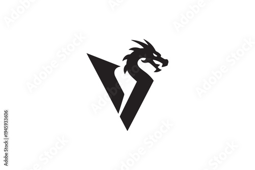 Dynamic black dragon head integrated with modern sharp geometric letter v logo design