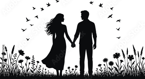 Silhouette of a couple holding hands surrounded by flying birds and wildflowers against a white background symbolizing love and freedom