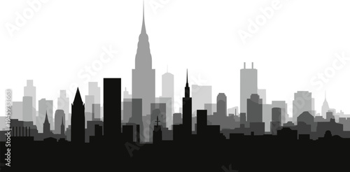 Gray Scale New York City Skyline Silhouette Featuring Iconic Manhattan Skyscrapers and the Famous Empire State Building Landmark