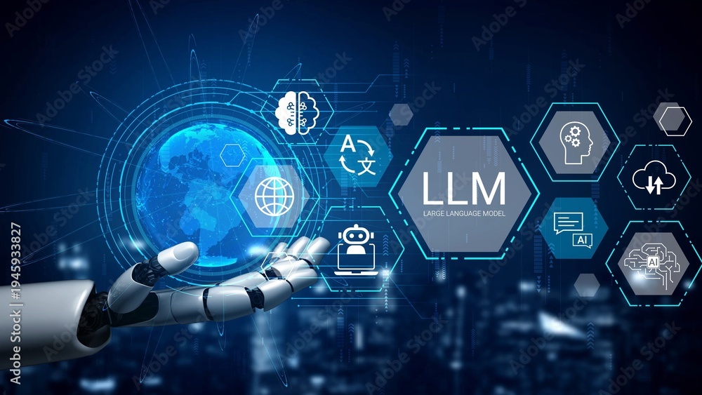 Fototapeta premium Futuristic Concept of Artificial Intelligence and Machine Learning with Robotic Hand, Digital Interface, and Global Connections in a Technological Environment Gluon.