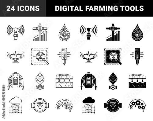 Smart irrigation and precision agriculture icons featuring hybrid symbols of digital sensors water management and sustainable farming technology