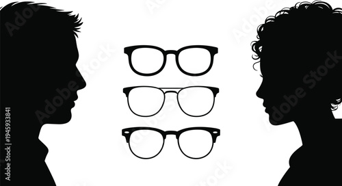 Silhouettes of a man and a woman facing each other with three pairs of eyeglasses in between them symbolizing vision or choice