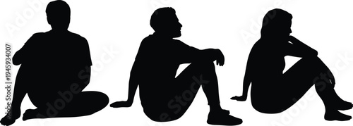 Silhouettes of three individuals sitting in various relaxed poses on a white background people