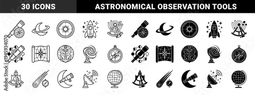 Celestial navigation and astronomical hybrid icons featuring telescope compass combinations sextant planetary orbits and lunar observation tools