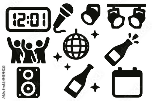 Brutalist Party Icons. Countdown Party silhouette set: digital clock, microphone, stage lights, dancing crowd, disco ball, champagne bottle, speaker, calendar page