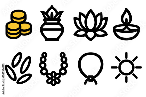 Prosperity Icons Collection. Prosperity Blessings silhouette set: gold coins, kalash pot, lotus flower, diya lamp, rice grains, garland, sacred thread, bright aura