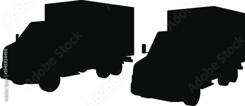Two black silhouette box trucks viewed from a slightly elevated angle against a white background highlighting their cargo box and cab structures