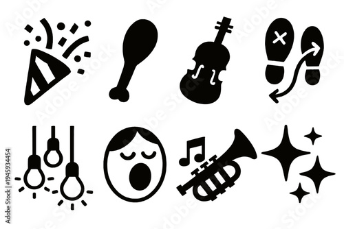 Joyful Festival Icons. Joyful Festival silhouette set: confetti burst, drumstick, violin, dance step, glowing lights, singing face, trumpet, star sparkle