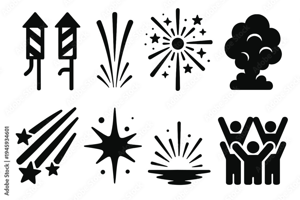 Fototapeta premium Brutalist Festive Icons. Festive Pyrotechnics silhouette set: firework shells, radiant trails, sparkling bursts, smoke cloud, shooting stars, bright flash, glowing horizon, crowd