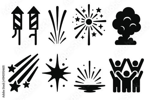 Brutalist Festive Icons. Festive Pyrotechnics silhouette set: firework shells, radiant trails, sparkling bursts, smoke cloud, shooting stars, bright flash, glowing horizon, crowd