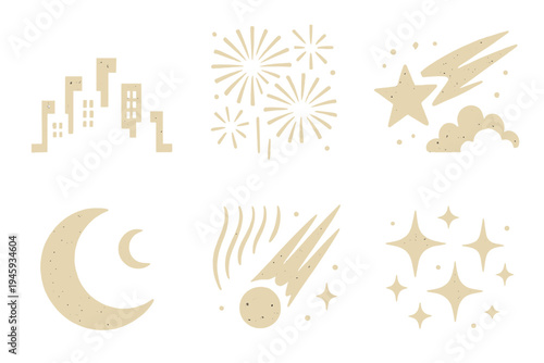 Festive Night Icons. Festive Night Sky silhouette set: city skyline, fireworks burst, shooting star, glowing clouds, crescent moon, aurora trail, comet, sparkle dust