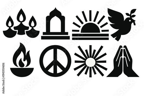Spiritual Triumph Icons. Spiritual Triumph silhouette set: diya cluster, temple arch, rising sun, dove, sacred flame, peace symbol, radiant rays, prayer hands
