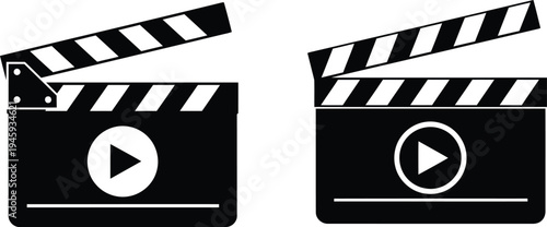 Black and white clapperboards with play button icons for video recording or editing Vector