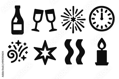 Festive New Year Icons. New Year Celebration silhouette set: champagne bottle, two glasses, fireworks burst, clock at midnight, confetti swirl, glowing star, streamers, candle