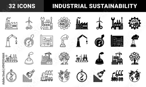 Hybrid industrial manufacturing and sustainable energy icon set featuring factory buildings merged with circuit patterns wind turbines and gears