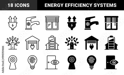 Smart home automation symbols featuring hybrid combinations of energy plugs with arrows garage with power and fingerprint lightbulb for security
