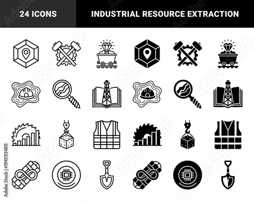 Heavy Industry and Mining Resource Extraction Hybrid Icons Featuring Diamond Mine Cart Geology Tools Petroleum Drill and Safety Equipment