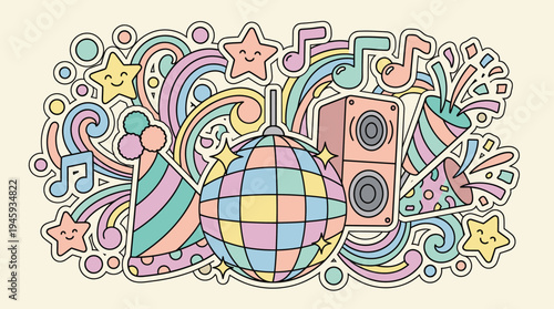 Cute Festival Party Doodle Collage Vector Illustration, Pastel Disco Celebration Sticker Design