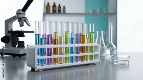 Laboratory test tubes with multi-colored liquids in a rack on a table in a science lab.  
