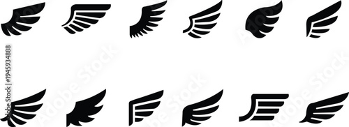 Wings icons set. Flying, bird, angel, flight. Wing symbol on white background - stock vector. wings vector set black silhouette illustration drawing tattoo design isolated on white background editable