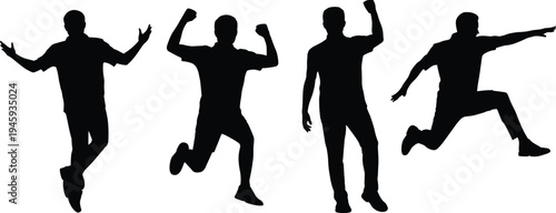 Collection of jumping and dancing people silhouettes isolated on white background, energetic human action poses illustration