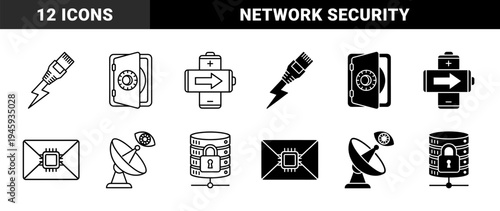 Hybrid Network Infrastructure and Cybersecurity Icons Featuring Ethernet Lightning Bolt Battery Power and Encrypted Server Data Storage Symbols
