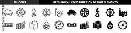 Industrial Maintenance and Engineering Hybrid Icons Merging Wrench Cloud Recycle Fan Bolt Nut Gear Trash Factory Clock Spirit Level and Cargo Container
