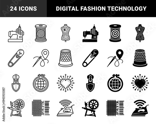 Hybrid Textile and Technology Concept Symbols Merging Tailoring Tools with Digital Circuitry Global Trade and Smart Manufacturing Elements