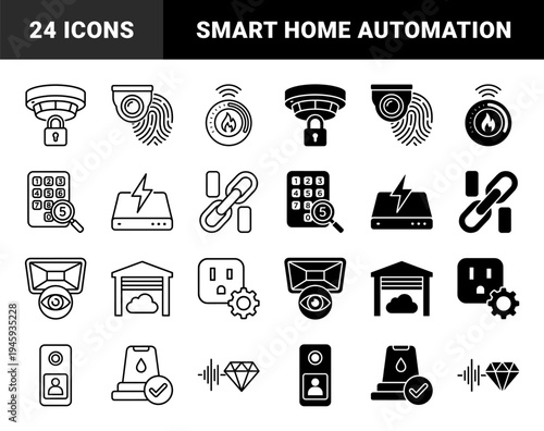 Smart home security and monitoring hybrid icons featuring surveillance camera with fingerprint sensor and smoke detector with padlock symbols