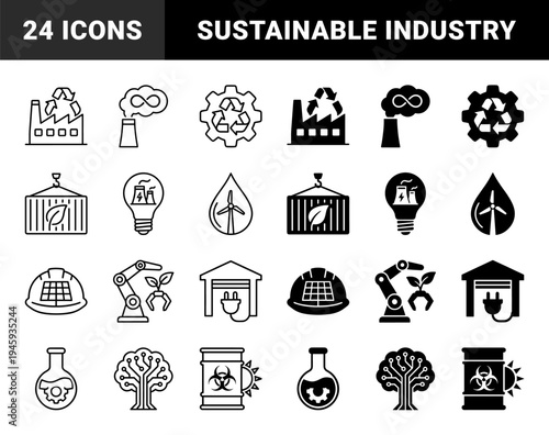 Sustainable industrial manufacturing and green energy hybrid icons featuring factory recycling smoke stacks and renewable power generation symbols