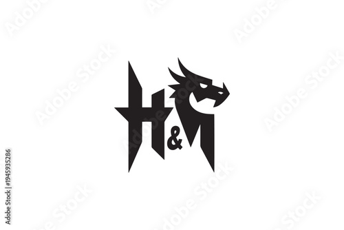 Dragon head integrated with h&m logo design featuring mythical creature elements