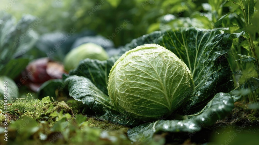 Fototapeta premium Mature, fresh green head of Brassica oleracea rests upon damp earth surrounded by foliage
