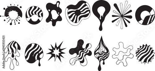 Colour ink blots. Colourful paint splatters and drips in organic splashes. Bright, playful, bold abstract graffiti spots for kids art blobs, comics, pop art design. Vector isolated set