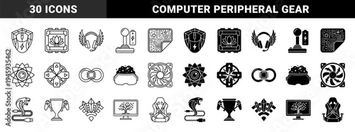 Hybrid gaming and computer hardware icons merging peripherals with organic and symbolic elements like lotus flowers cobras wings and circuit patterns