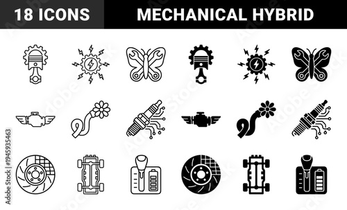 Automotive Engineering Hybrid Concept Icons Merging Mechanical Parts with Electrical Circuits Nature Elements and Sustainable Energy Symbols
