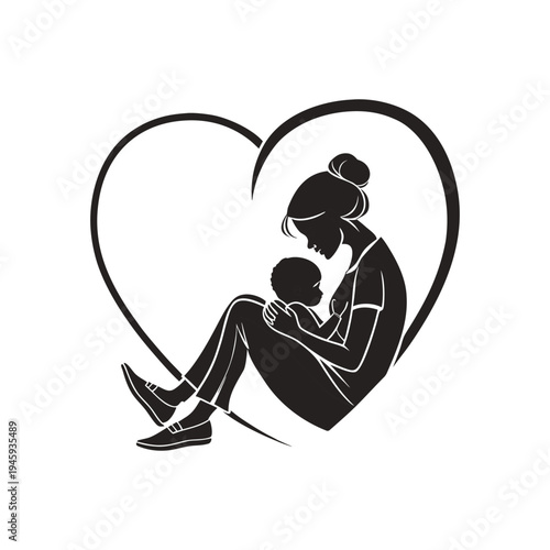 Mother and child sitting together in a heart shape symbol, representing unconditional love, parental care, and emotional family connection illustration.