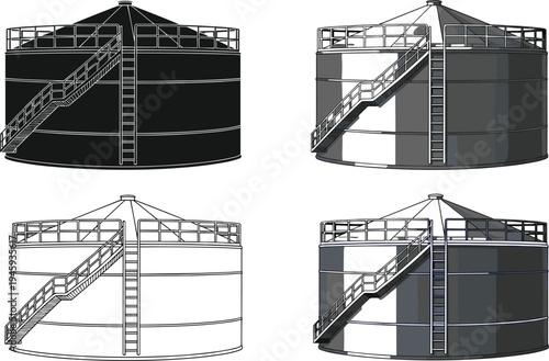 Large cylindrical industrial storage tanks with conical roofs, external staircases, safety railings, and ladders, illustrated in multiple shading styles for engineering, architectural, and industria