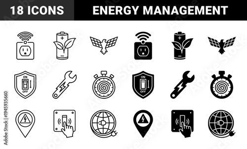 Smart energy management and sustainable power supply hybrid symbols featuring eco battery solar eagle electrical switch and global plug connectivity