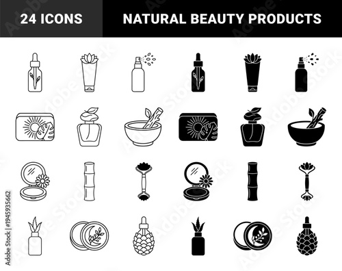 Botanical Skincare and Holistic Beauty Hybrid Icon Set Featuring Organic Ingredient Infused Cosmetic Packaging and Natural Wellness Therapy Tools