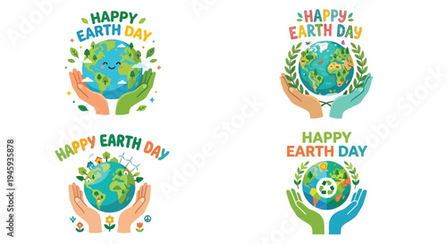 Happy earth day illustrations hands cradling a globe with foliage