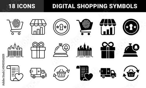 Hybrid e-commerce and retail icons featuring biometric shopping carts, barcode cityscapes, and reward loyalty program symbols in outline and solid styles
