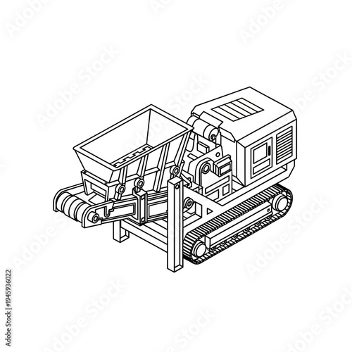 Line drawing of a mobile crushing plant with a hopper and conveyor belt on tracks.