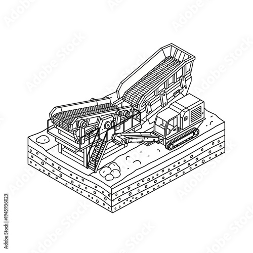 Isometric line art drawing of a mobile crushing and screening plant with an excavator on a construction site, illustrating heavy industrial machinery.