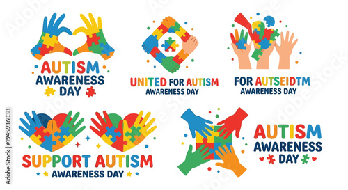 Colorful hands forming puzzle pieces and hearts for autism awareness day