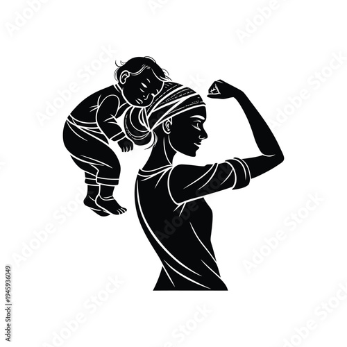 Strong mother confidently flexing her arm while carrying her child on her back, symbolizing empowerment, resilience, and maternal strength.