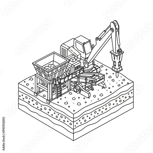 Isometric line art illustration of an excavator with a hydraulic hammer and a crushing plant on a layered construction site.